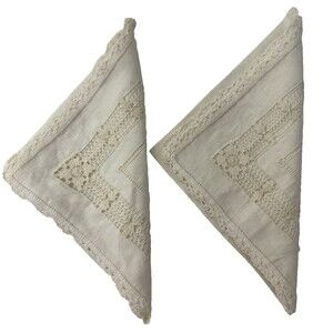 Vintage Ivory Linen Napkins Delicate Openwork Lace (2) CLEAN Condition 17" x 17"